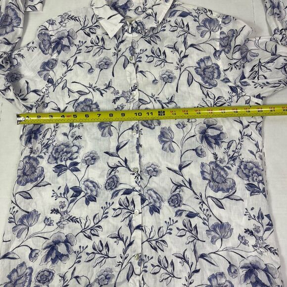Cynthia Rowley Linen Blouse Top L Blue White Floral Roll Tab Sleeves Art to Wear - Picture 9 of 11